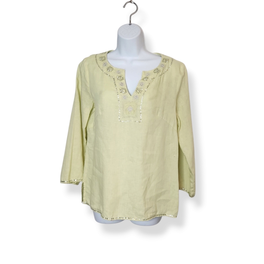 Malcolm & Co Women's 100% Irish Linen Embroidered Sequin Tunic Top Size Small
